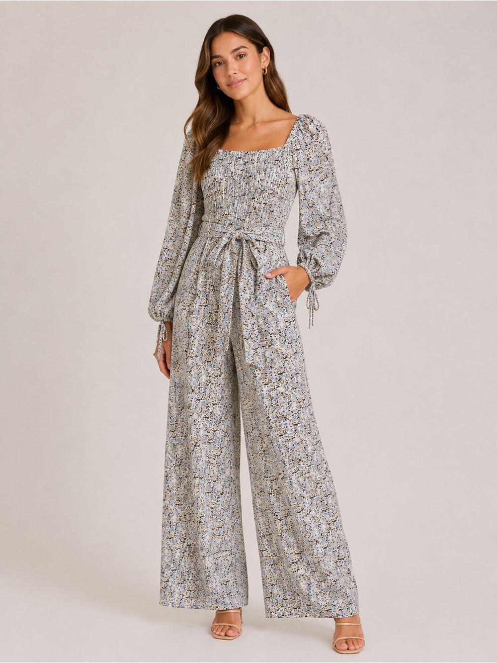 Quiz Smocked Ditsy Floral Wide Leg Jumpsuit Sz 6 Boho Vacation Resort NWT